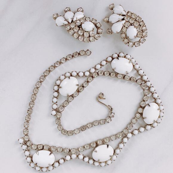 Vintage Mid Century Milk Glass Rhinestone Necklace Earring Set 1950s Jewelry - Picture 2 of 16